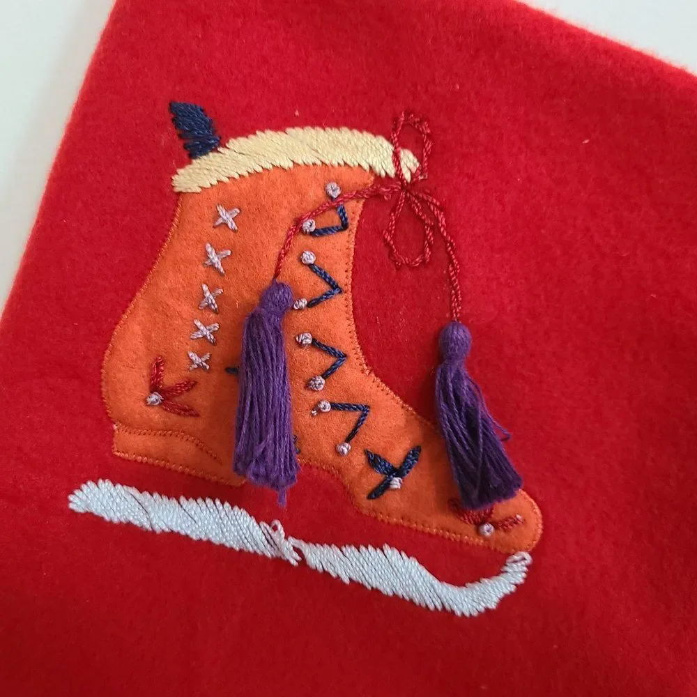 Red Felt Christmas Stocking With Embroidered and Appliqued Ice Skates and Tassel